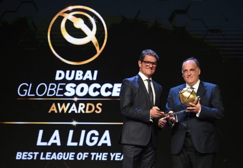 Javier Tebas Medrano President of La Liga accepted the award for LaLiga as the Best League of The Year at the 2017 Dubai Globe Soccer Awards presented by Fabio Capello